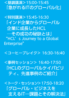 ＜基調講演＞「急がれるITのグローバル化」ITRシニアアナリスト広川 智理 氏
「インド企業からグローバル企業に成長したHCL  ─その成功の秘訣とは」HCL's Journey to a Global Enterprise Anubhav Saxena